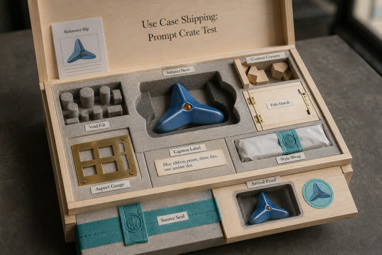 Use Case Shipping: Prompt Crate Test. Topics: Caption Label, Context Corners, Edit Hatch, Prompt Crate Test, Reference Slip, Shipping, Subject Nest, Void Fill.