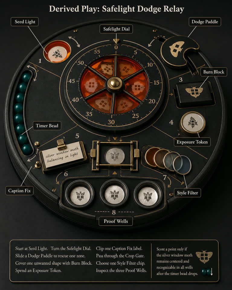 Derived Play: Safelight Dodge Relay. Topics: Aperture Gate, Burn Block, Darkroom Game, Dodge Paddle, Exposure Token, Fix Clip, Safelight Dial, Safelight Dodge Relay.