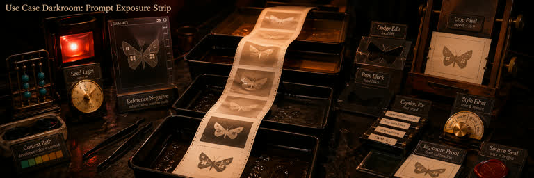 Use Case Darkroom: Prompt Exposure Strip. Topics: Burn Block, Caption Fix, Context Bath, Darkroom, Dodge Edit, Prompt Exposure Strip, Reference Negative, Seed Light.