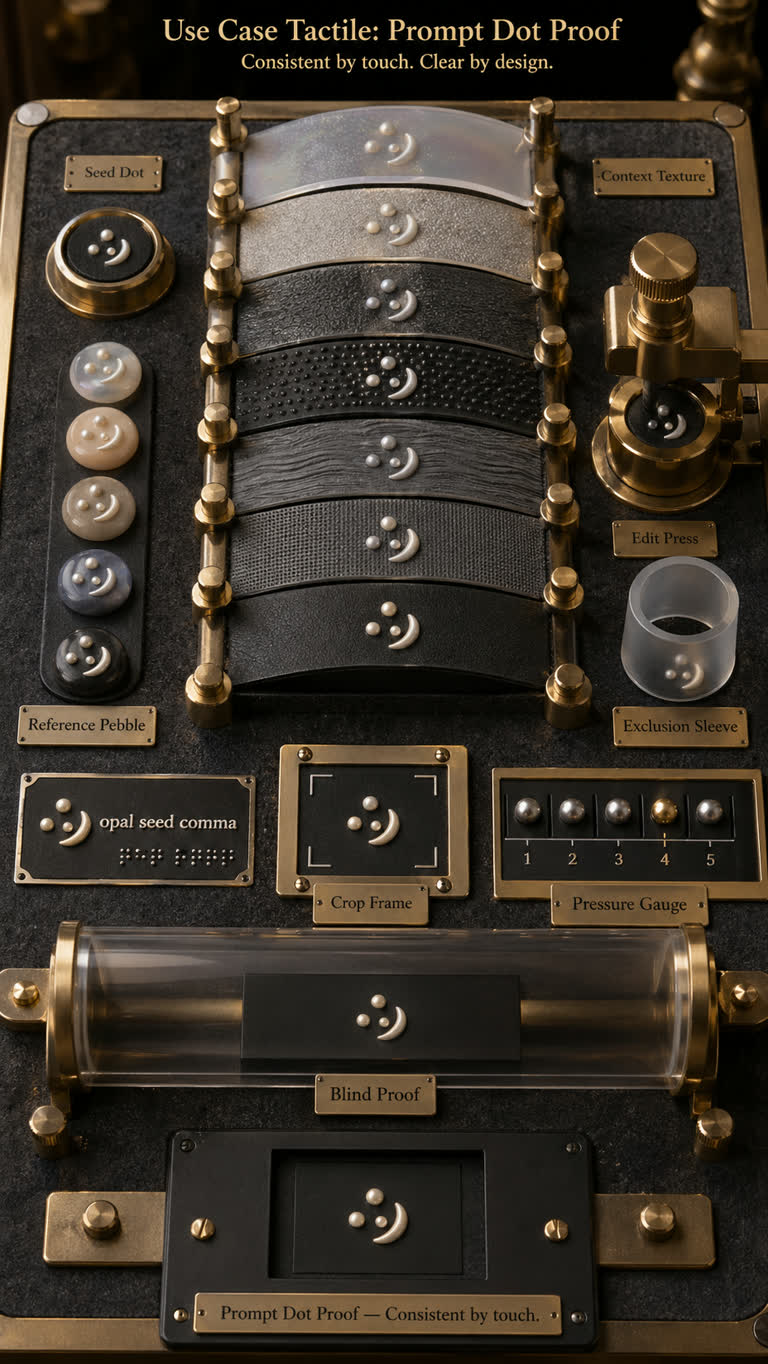 Use Case Tactile: Prompt Dot Proof. Topics: Caption Plate, Context Texture, Edit Press, Exclusion Sleeve, Prompt Dot Proof, Reference Pebble, Seed Dot, Tactile Proof.