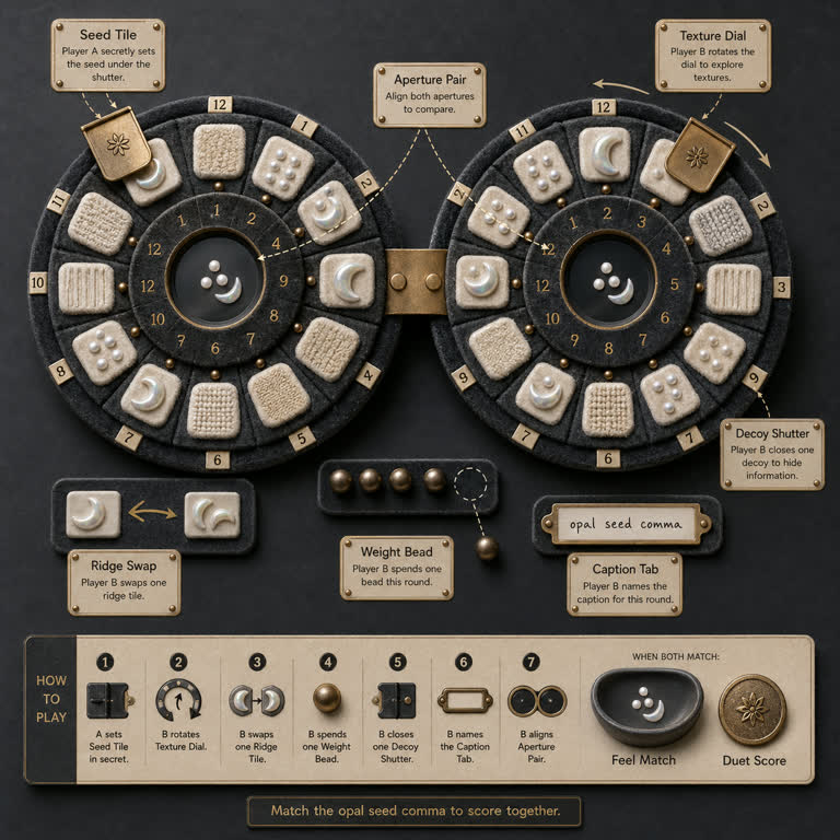Derived Play: Texture Cipher Duet. Topics: Caption Tab, Decoy Shutter, Ridge Swap, Seed Tile, Tactile Game, Texture Cipher Duet, Texture Dial, Weight Bead.