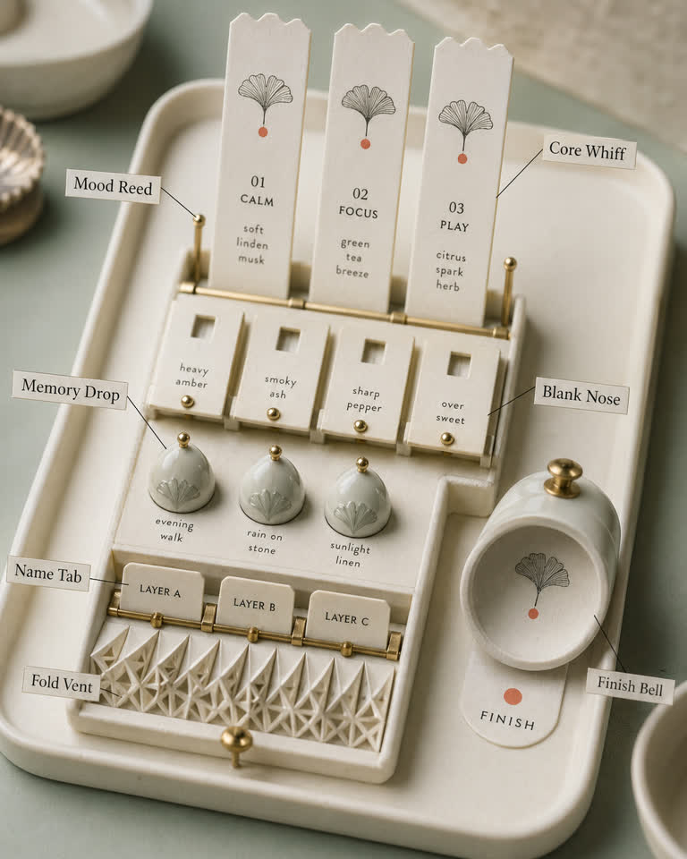 Use Case Scent Lab: Prompt Blotter Organ. Topics: Blank Nose, Core Whiff, Fold Vent, Memory Drop, Mood Reed, Name Tab, Prompt Blotter Organ, Scent Lab.