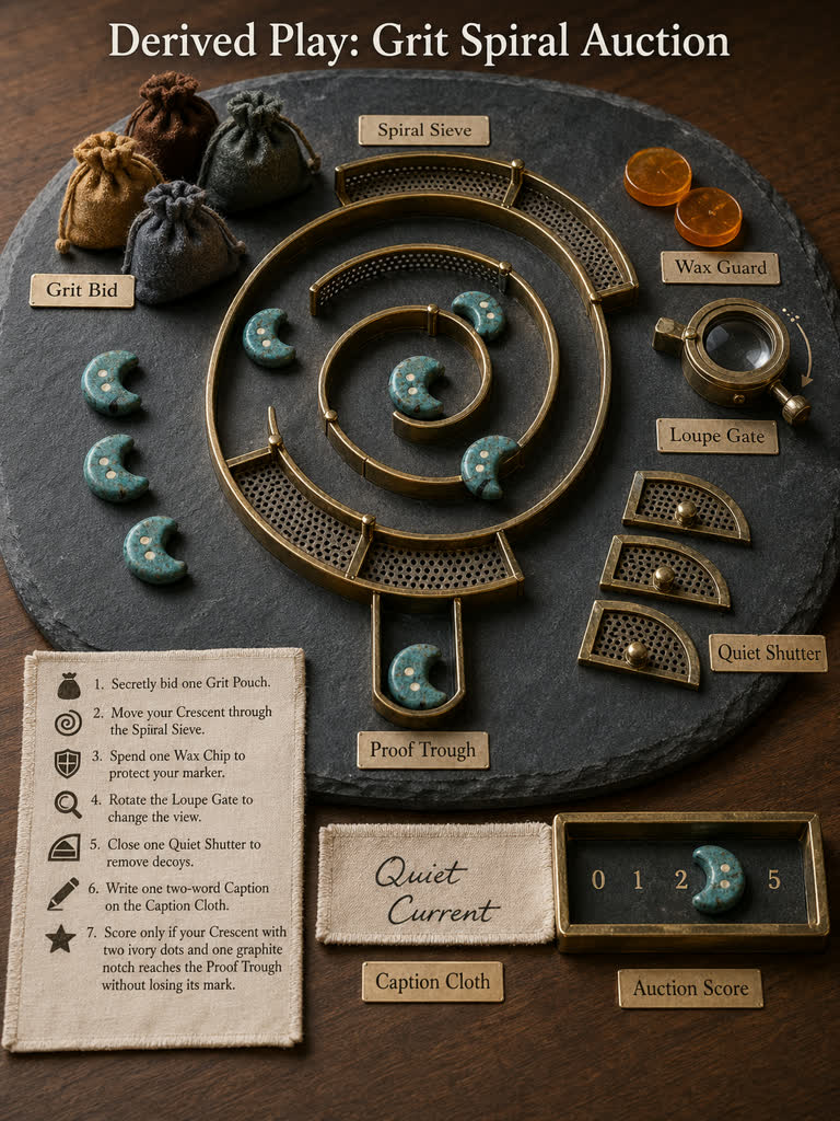 Derived Play: Grit Spiral Auction. Topics: Caption Cloth, Grit Bid, Grit Spiral Auction, Lapidary Game, Loupe Gate, Quiet Shutter, Spiral Sieve, Wax Guard.