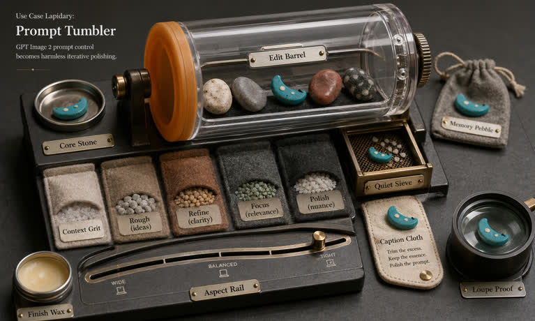 Use Case Lapidary: Prompt Tumbler. Topics: Caption Cloth, Context Grit, Core Stone, Edit Barrel, Lapidary, Memory Pebble, Prompt Tumbler, Quiet Sieve.