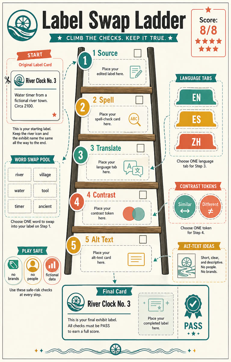 Derived Play: Label Swap Ladder. Topics: Accessibility Game, Contrast Token, Derived Play, Education Worksheet, Label Swap Ladder, Language Tabs, Museum Education, Word Swap.
