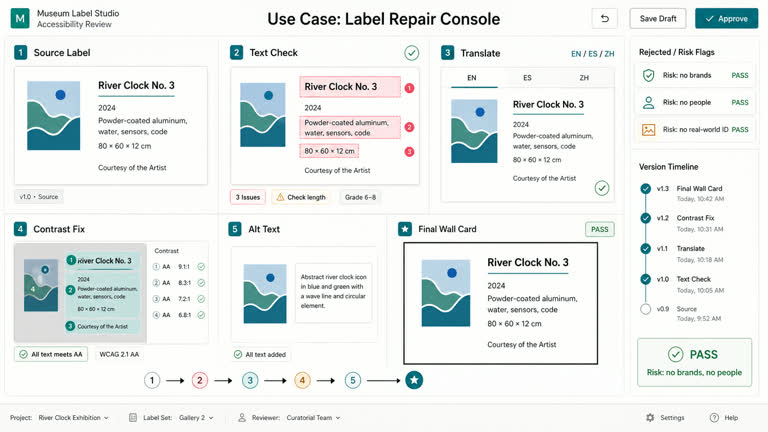 Use Case: Label Repair Console. Topics: Accessibility, Alt Text, Contrast Fix, Label Repair Console, Localization, Museum Education, Text Check, UI Workflow.