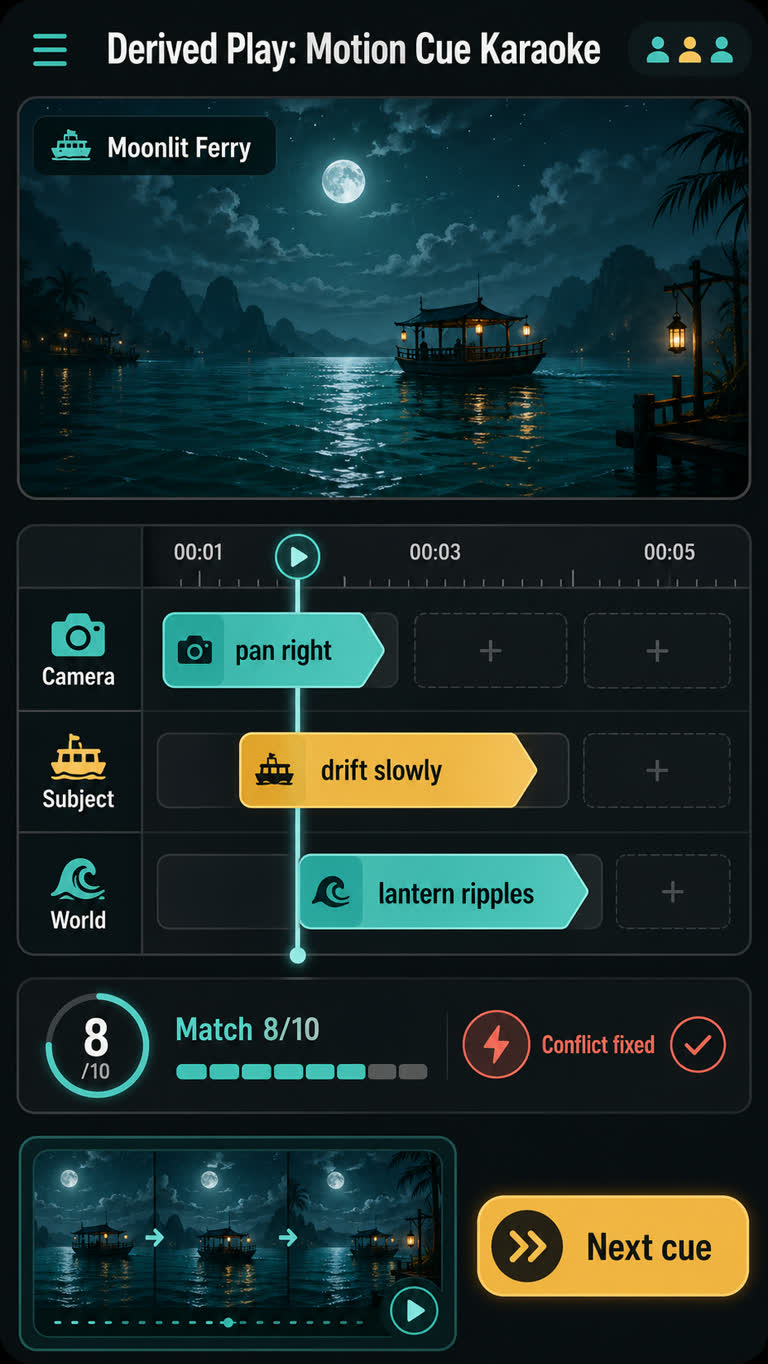 Derived Play: Motion Cue Karaoke. Topics: Camera Lane, Continuity Score, Derived Play, Mobile Challenge, Motion Cue Karaoke, Subject Lane, Timed Cues, World Lane.