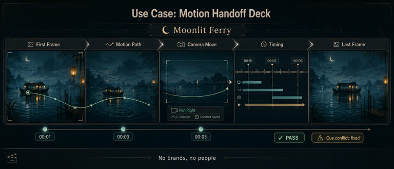 Use Case: Motion Handoff Deck. Topics: Camera Move, Cue Conflict, First Frame, Motion Handoff Deck, Motion Path, Storyboard Workflow, Timing Ruler, Video Previsualization.