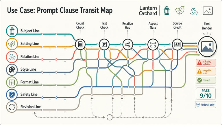 Use Case: Prompt Clause Transit Map. Topics: Composition Benchmark, Information Visualization, Negation Risk, Prompt Clause Transit Map, Prompt Debugging, Relation Hub, Source Credit, Use Case.