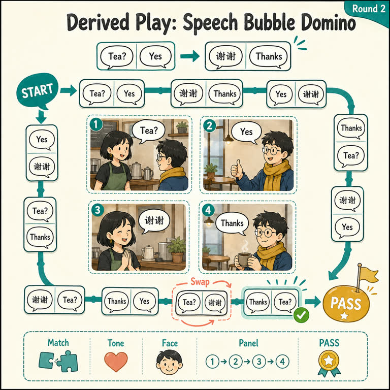 Derived Play: Speech Bubble Domino. Topics: Bilingual Text, Classroom Worksheet, Comic Consistency, Derived Play, Language Learning, Printable Game Mat, Speech Bubble Domino, Text Correction.