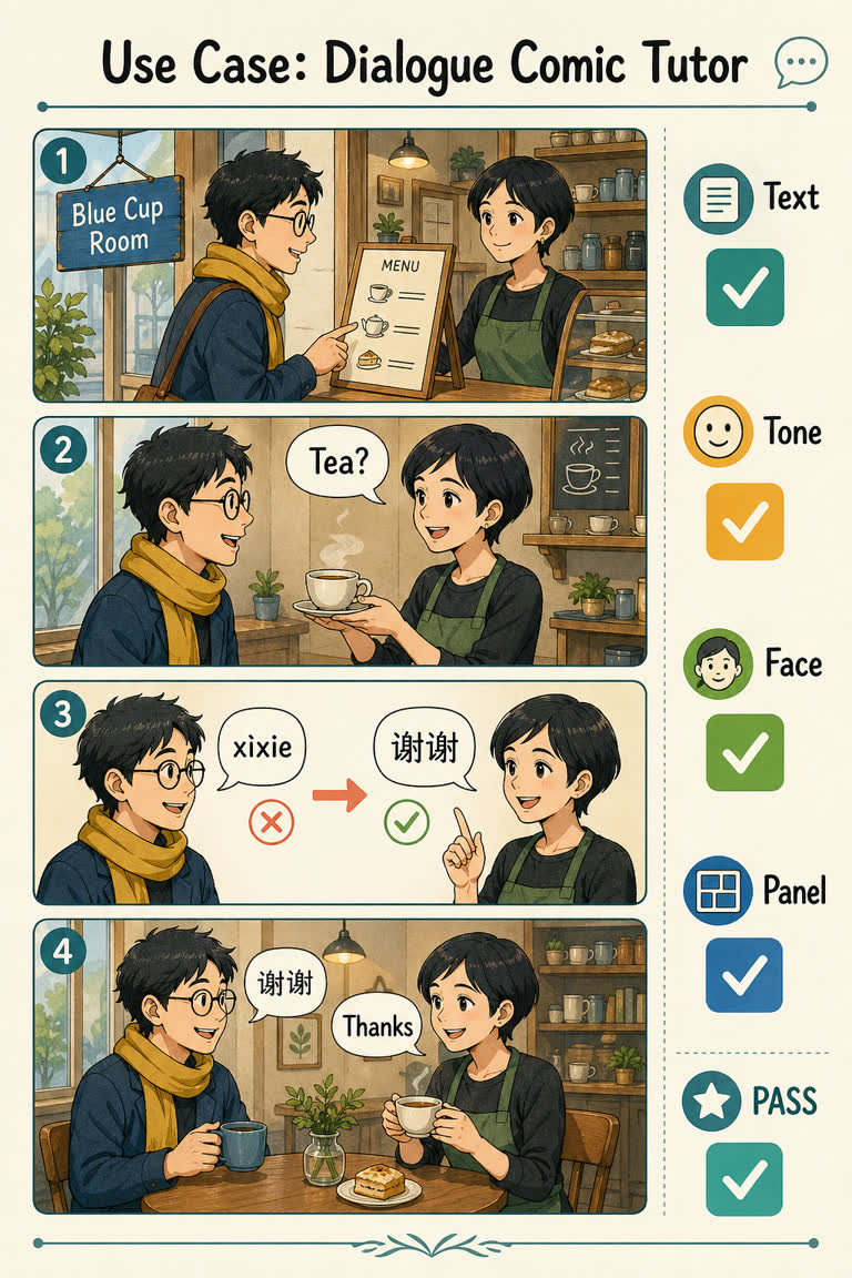Use Case: Dialogue Comic Tutor. Topics: Bilingual Text, Character Consistency, Dialogue Comic Tutor, Educational Comic, Language Learning, Printable Worksheet, Speech Bubble Repair, Use Case.