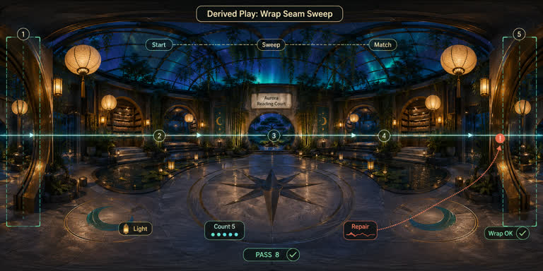 Derived Play: Wrap Seam Sweep. Topics: Anchor Counting, Derived Play, Environment Design, Equirectangular, Panorama QA, Seam Continuity, Wrap Seam Sweep, Wraparound Scene.