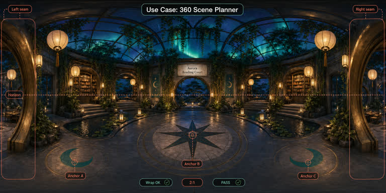 Use Case: 360 Scene Planner. Topics: 360 Scene Planner, Anchor Motifs, Environment Previsualization, Equirectangular, Horizon Lock, Panorama Design, Seam Continuity, Use Case.