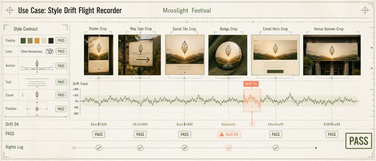 Use Case: Style Drift Flight Recorder. Topics: Creative Operations, Drift Trace, Fictional Campaign, Rights Log, Style Consistency, Style Drift Flight Recorder, Use Case, Visual QA.