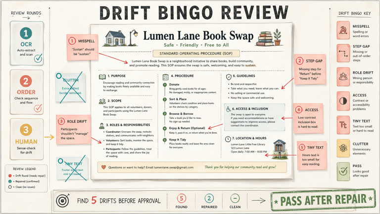 Derived Play: Drift Bingo Review. Topics: Accessibility Check, Derived Play, Document Generation, Drift Bingo Review, Human Review, Text QA, Visual Sop, Workflow QA.