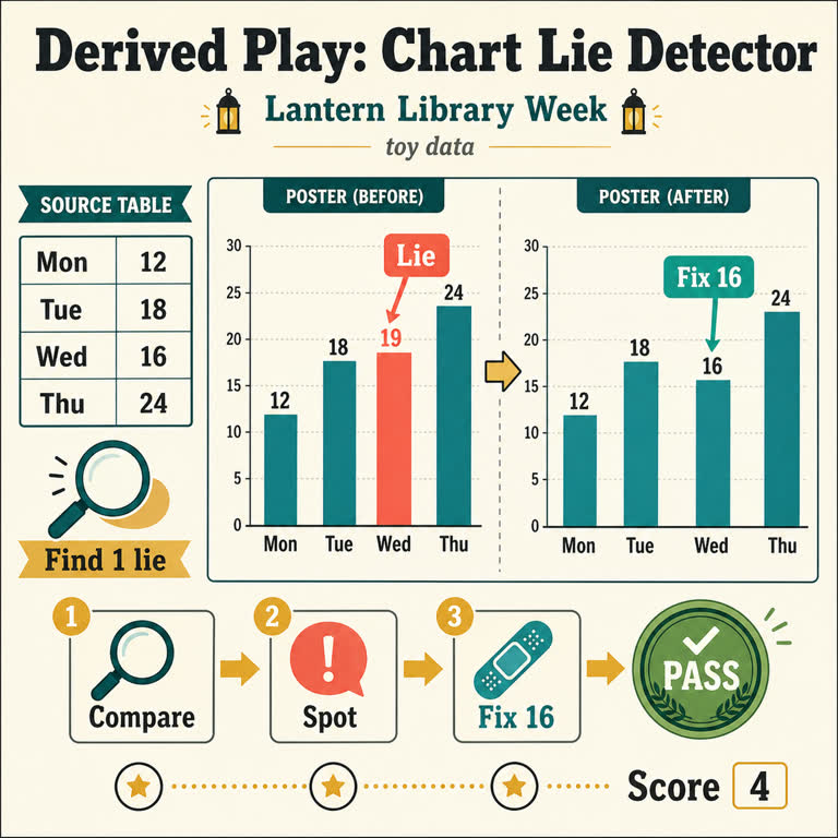 Derived Play: Chart Lie Detector. Topics: Chart Lie Detector, Chart Repair, Data QA, Derived Play, Infographic Fidelity, Public Puzzle, Toy Dataset, Visual Evaluation.