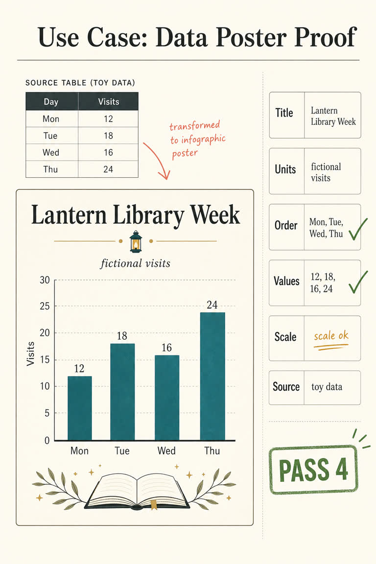 Use Case: Data Poster Proof. Topics: Chart QA, Data Poster Proof, Data To Infographic, Infographic Fidelity, Text And Number Check, Toy Dataset, Use Case, Visual Evaluation.