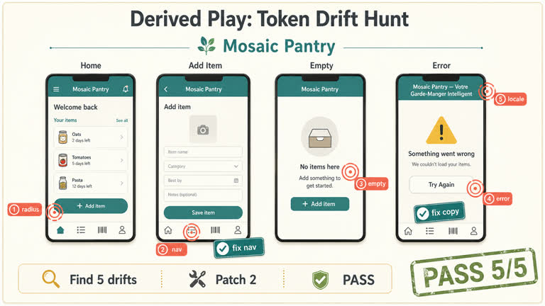 Derived Play: Token Drift Hunt. Topics: Derived Play, Design Token Consistency, Edge Case Testing, Navigation Continuity, Product Design QA, Stateflow Review, Token Drift Hunt, UI Mockup.