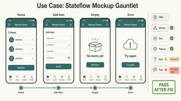 Use Case: Stateflow Mockup Gauntlet. Topics: Design Token Consistency, Edge Case Testing, Navigation Continuity, Product Design Workflow, State Machine QA, Stateflow Mockup Gauntlet, UI Mockup, Use Case.