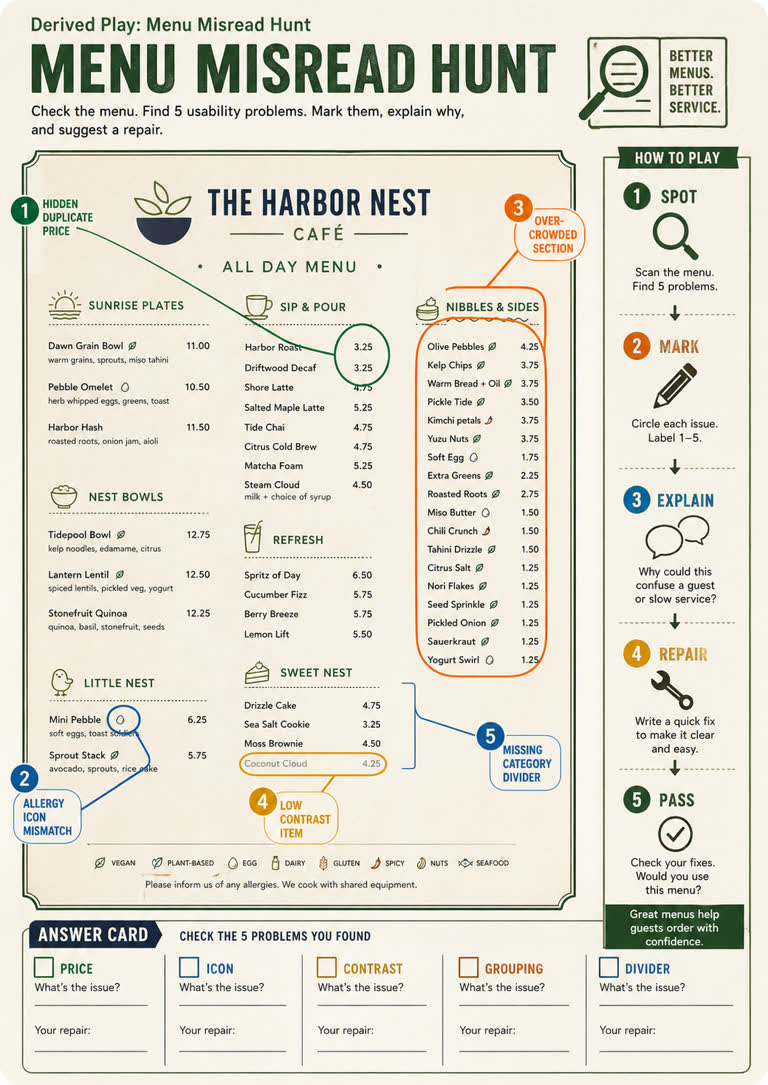Derived Play: Menu Misread Hunt. Topics: Accessibility QA, Allergen Icon Check, Contrast Check, Derived Play, Menu Misread Hunt, Menu Repair Loop, Printable Game, Usability Scavenger Hunt.