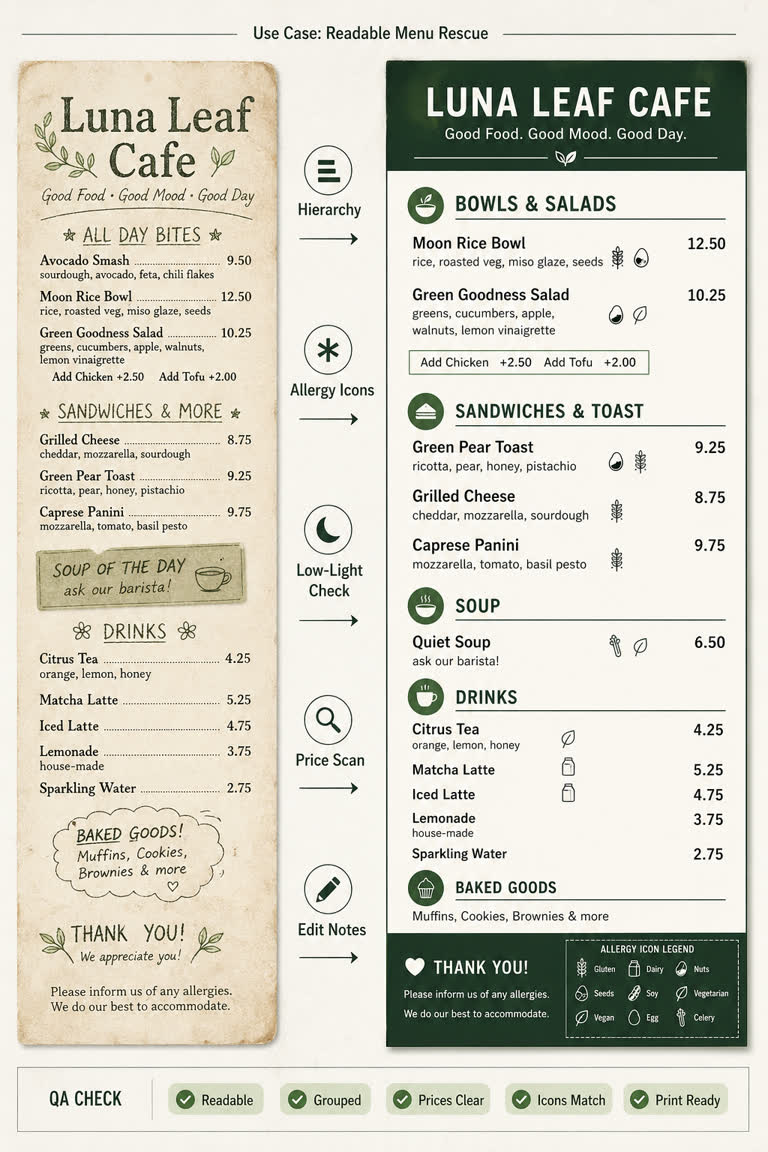 Use Case: Readable Menu Rescue. Topics: Accessibility, Allergen Icons, Low Light Readability, Menu Design, Print Proof, Readable Menu Rescue, Typography QA, Use Case.