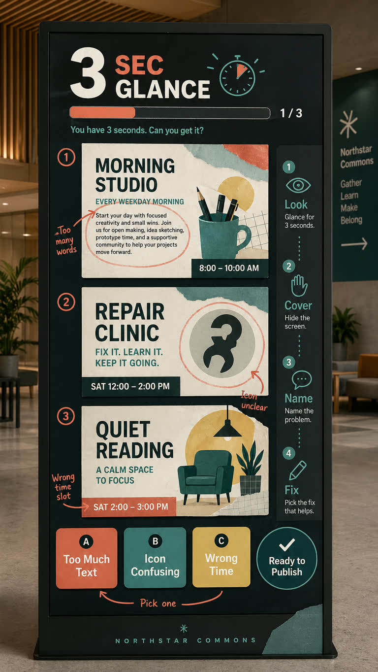 Derived Play: Three-Second Sign Test. Topics: Dayparting, Derived Play, Digital Signage, Glance Test, Pictogram Check, Public Display QA, Readability Game, Three Second Sign Test.