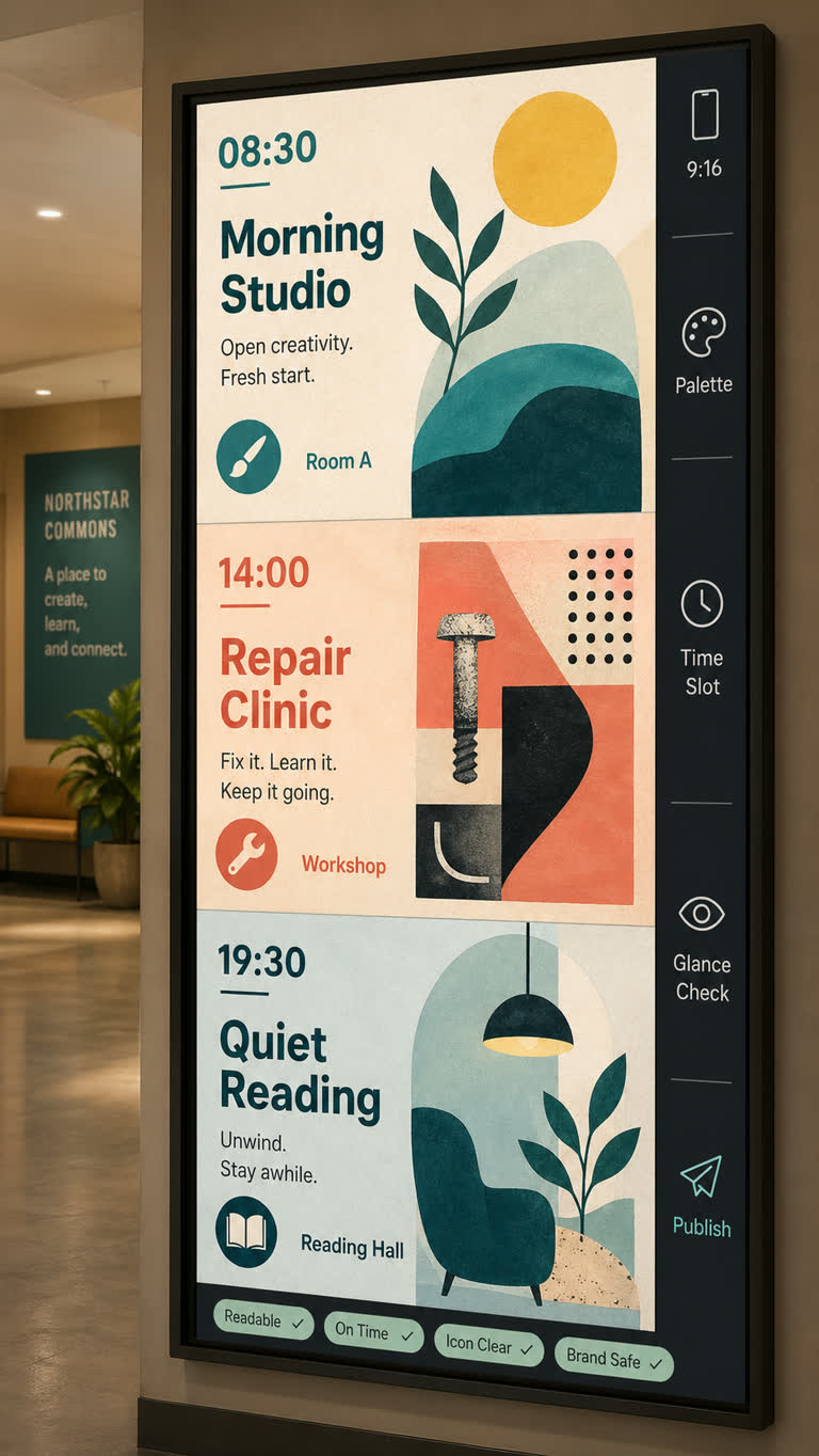 Use Case: Daypart Signage Loop. Topics: Daypart Signage Loop, Dayparting, Digital Signage, Environmental Graphics, Glance Readability, Pictogram System, Public Display, Use Case.