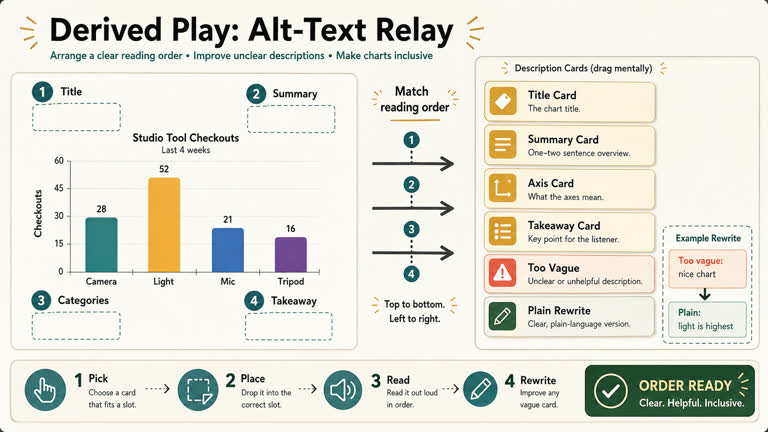 Derived Play: Alt-Text Relay. Topics: Accessibility Review Game, Alt Text Relay, Chart Accessibility, Data Literacy, Derived Play, Description Cards, Plain Language, Screen Reader Order.