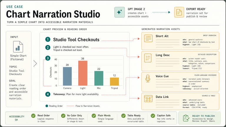 Use Case: Chart Narration Studio. Topics: Alt Text, Chart Accessibility, Chart Narration Studio, Data Literacy, Long Description, Reading Order, Use Case, Voice Cue.