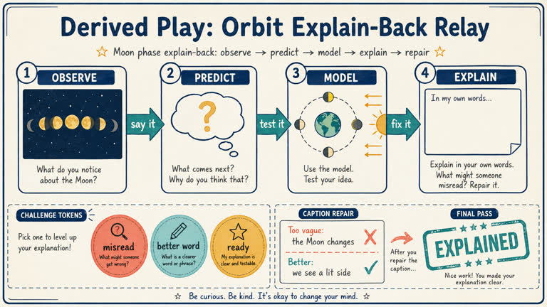 Derived Play: Orbit Explain-Back Relay. Topics: Caption Repair, Classroom Station, Derived Play, Education, Explain Back, Misconception Check, Moon Phase, Orbit Explain Back Relay.