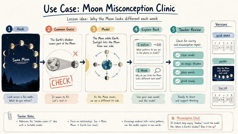 Use Case: Moon Misconception Clinic. Topics: Differentiated Visuals, Education, Misconception Repair, Moon Misconception Clinic, Moon Phase, Science Lesson, Teacher Resource, Use Case.