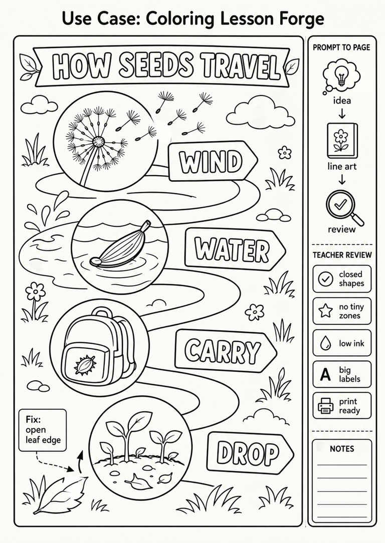 Use Case: Coloring Lesson Forge. Topics: Closed Shapes, Coloring Lesson Forge, Coloring Page, Line Art, Low Ink, Printable Education, Teacher Proof, Use Case.