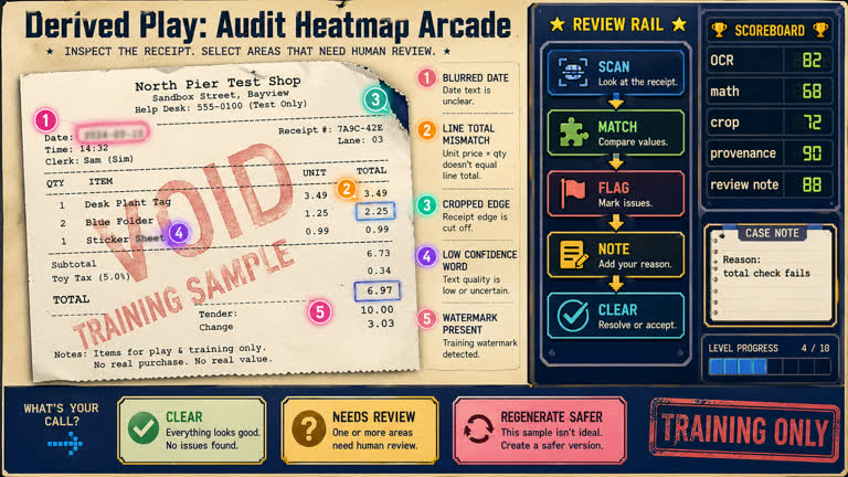 Derived Play: Audit Heatmap Arcade. Topics: Audit Heatmap Arcade, Derived Play, Document QA, Heatmap, Human In The Loop, Ocr Review, Receipt Audit, Training Only.