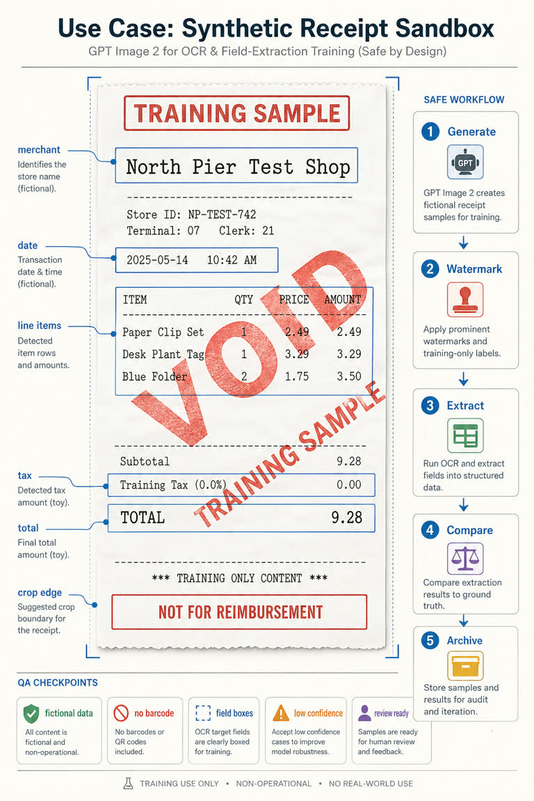 Use Case: Synthetic Receipt Sandbox. Topics: Document Intelligence, Field Extraction, Ocr Training, Receipt QA, Synthetic Data, Synthetic Receipt Sandbox, Use Case, Void Watermark.