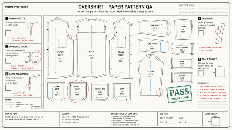 Derived Play: Pattern Proof Bingo. Topics: Assembly Logic, Derived Play, Garment Review, Pattern Making, Pattern Proof Bingo, Print Proof, Sewing Pattern QA, Technical Flat.