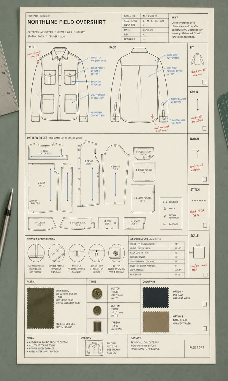 Use Case: Tech Pack Translator. Topics: Fashion Tech Pack, Garment QA, Pattern Pieces, Production Handoff, Sewing Pattern, Tech Pack Translator, Technical Flat, Use Case.