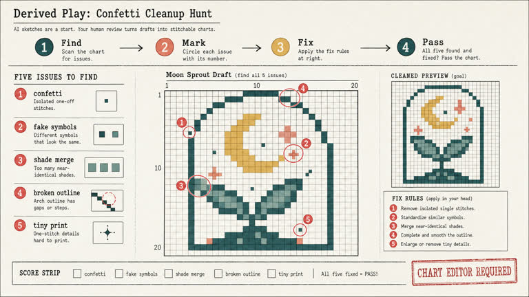 Derived Play: Confetti Cleanup Hunt. Topics: Broken Outline, Chart Editor Required, Confetti Cleanup Hunt, Cross Stitch Audit, Derived Play, Fake Symbols, Shade Merge, Tiny Print.