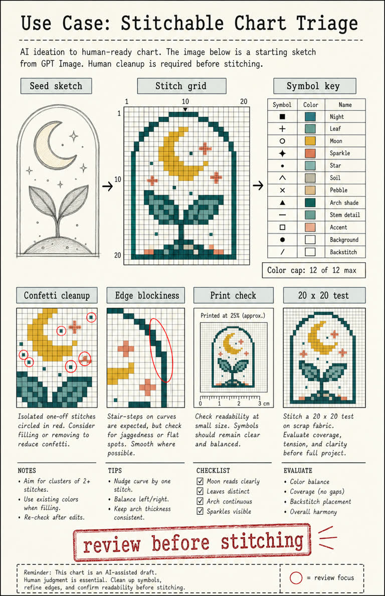 Use Case: Stitchable Chart Triage. Topics: Confetti Cleanup, Craft Production, Cross Stitch QA, Print Check, Stitchable Chart Triage, Symbol Key, Twenty By Twenty Test, Use Case.