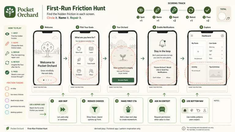 Derived Play: First-Run Friction Hunt. Topics: Derived Play, First Run Friction Hunt, Onboarding Friction, Repair Cards, Tap Through Strip, UI Mockup, Usability Game, UX QA.