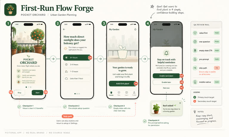 Use Case: First-Run Flow Forge. Topics: Empty State Cta, First Run Flow Forge, Onboarding, Permission Pre Prompt, Progressive Disclosure, UI Mockup, Use Case, UX Prototype.