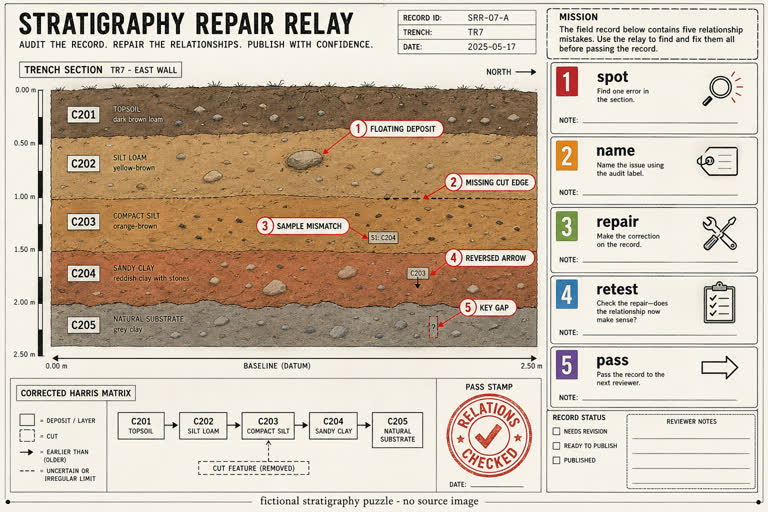 Derived Play: Stratigraphy Repair Relay. Topics: Archaeology Recording, Audit Game, Derived Play, Field Record QA, Harris Matrix, Relation Repair, Stratigraphy Logic, Stratigraphy Repair Relay.