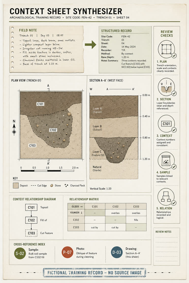 Use Case: Context Sheet Synthesizer. Topics: Archaeology Recording, Archive Dossier, Context Matrix, Context Sheet Synthesizer, Cultural Heritage, Field Note To Record, Plan Section Drawing, Use Case.