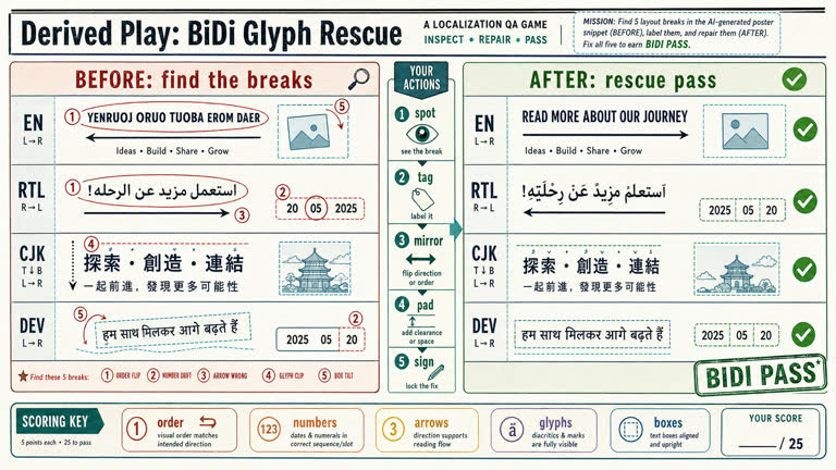 Derived Play: BiDi Glyph Rescue. Topics: Bidi Glyph Rescue, Bidi Text, Derived Play, Glyph Repair, Localization QA, Multiscript Typography, QA Game, Text Direction.