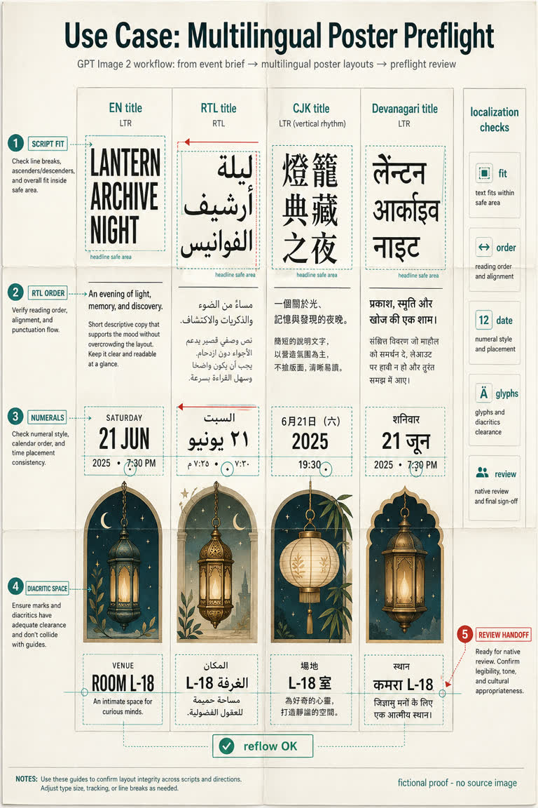 Use Case: Multilingual Poster Preflight. Topics: Bidi Text, Localization QA, Multilingual Poster Preflight, Multiscript Typography, Native Review, Poster Proof, Text Layout, Use Case.
