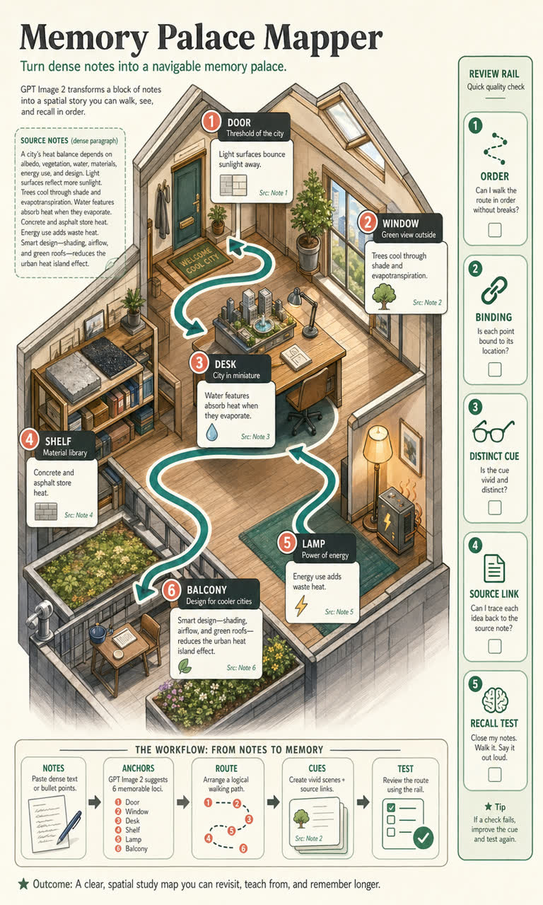 Use Case: Memory Palace Mapper. Topics: Loci Route, Memory Palace, Memory Palace Mapper, Recall Test, Science and Education, Sketchnote, Study Workflow, Use Case.