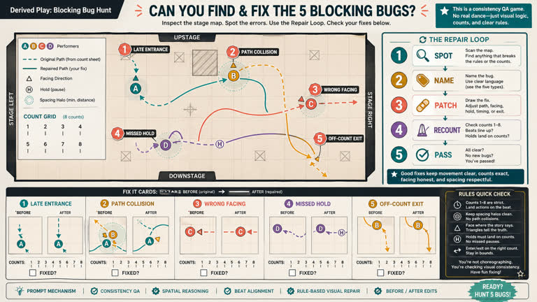 Derived Play: Blocking Bug Hunt. Topics: Beat Alignment, Blocking Bug Hunt, Choreography Workflow, Consistency QA, Derived Play, Spatial Reasoning, Stage Blocking, Visual Repair Game.