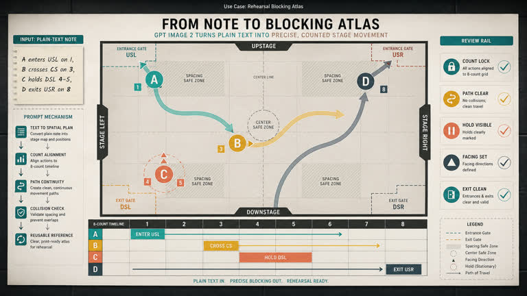 Use Case: Rehearsal Blocking Atlas. Topics: Choreography Workflow, Count Alignment, Path Continuity, Rehearsal Blocking Atlas, Rehearsal Reference, Stage Blocking, Text To Spatial Plan, Use Case.