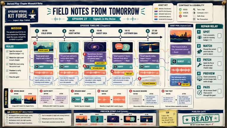 Derived Play: Chapter Mismatch Relay. Topics: Chapter Metadata, Chapter Mismatch Relay, Derived Play, Podcast Workflow, Quote Drift, Speaker Turns, Timestamp Alignment, Visual QA Game.