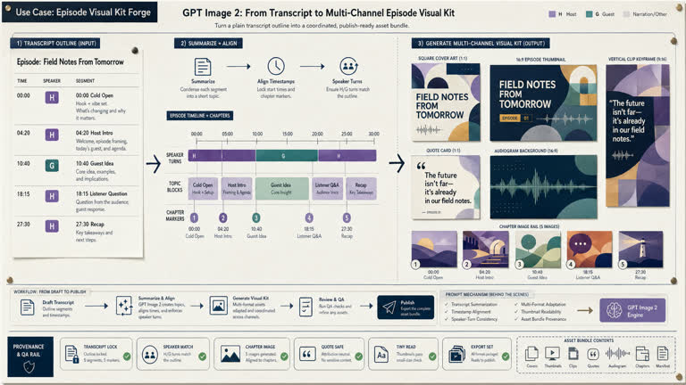 Use Case: Episode Visual Kit Forge. Topics: Chapter Markers, Episode Visual Kit Forge, Multi Format Adaptation, Podcast Workflow, Speaker Turns, Thumbnail Readability, Transcript To Assets, Use Case.