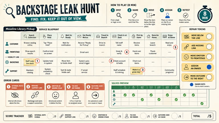 Derived Play: Backstage Leak Hunt. Topics: Backstage Leak Hunt, Blueprint QA, Derived Play, Logic Repair, Service Design, Touchpoint Repair, Visibility Line, Workshop Game.